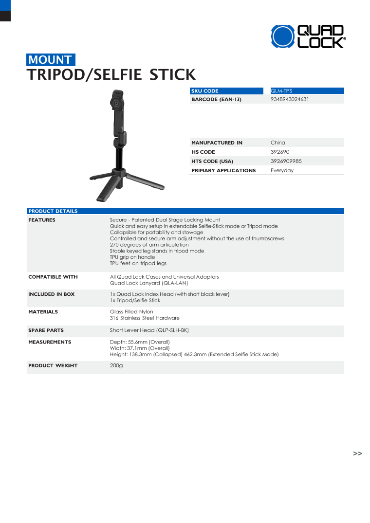 Quad Lock® Tripod / Selfie Stick