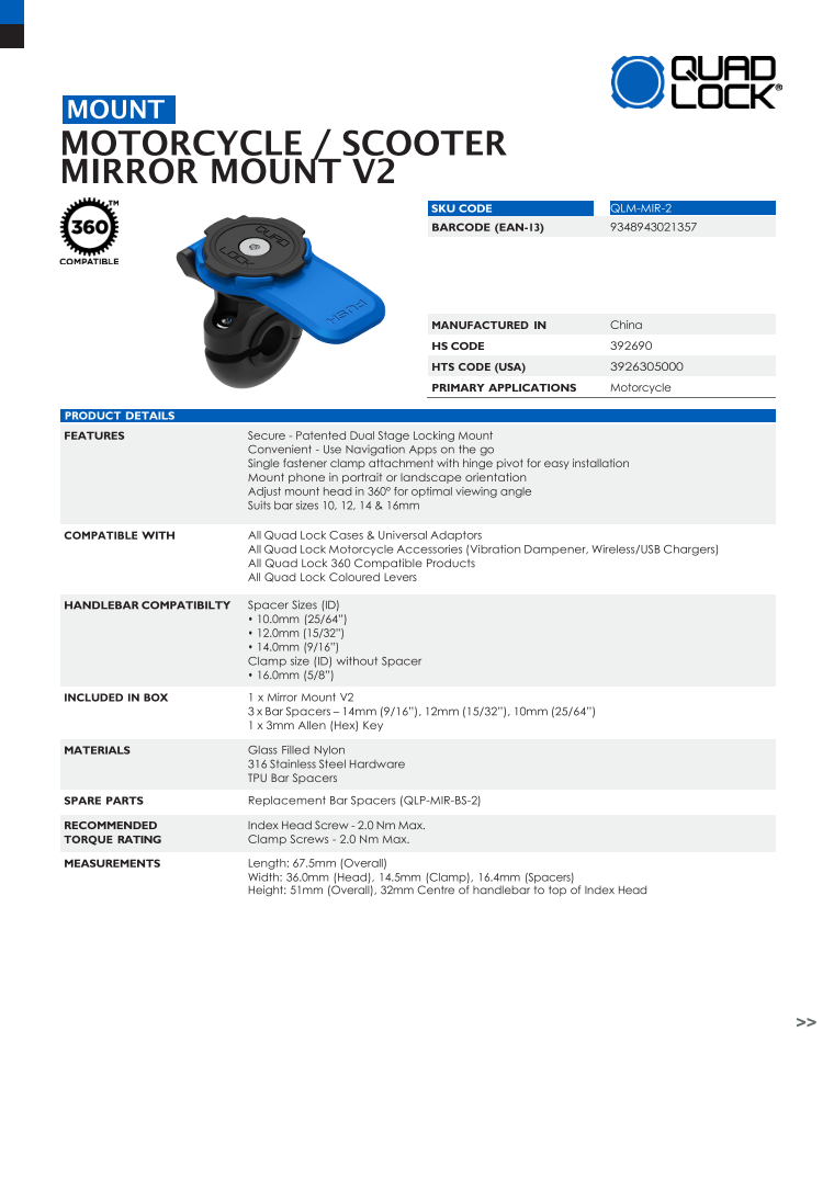 Quad Lock® Motorcycle / Scooter Mirror Mount (V2)