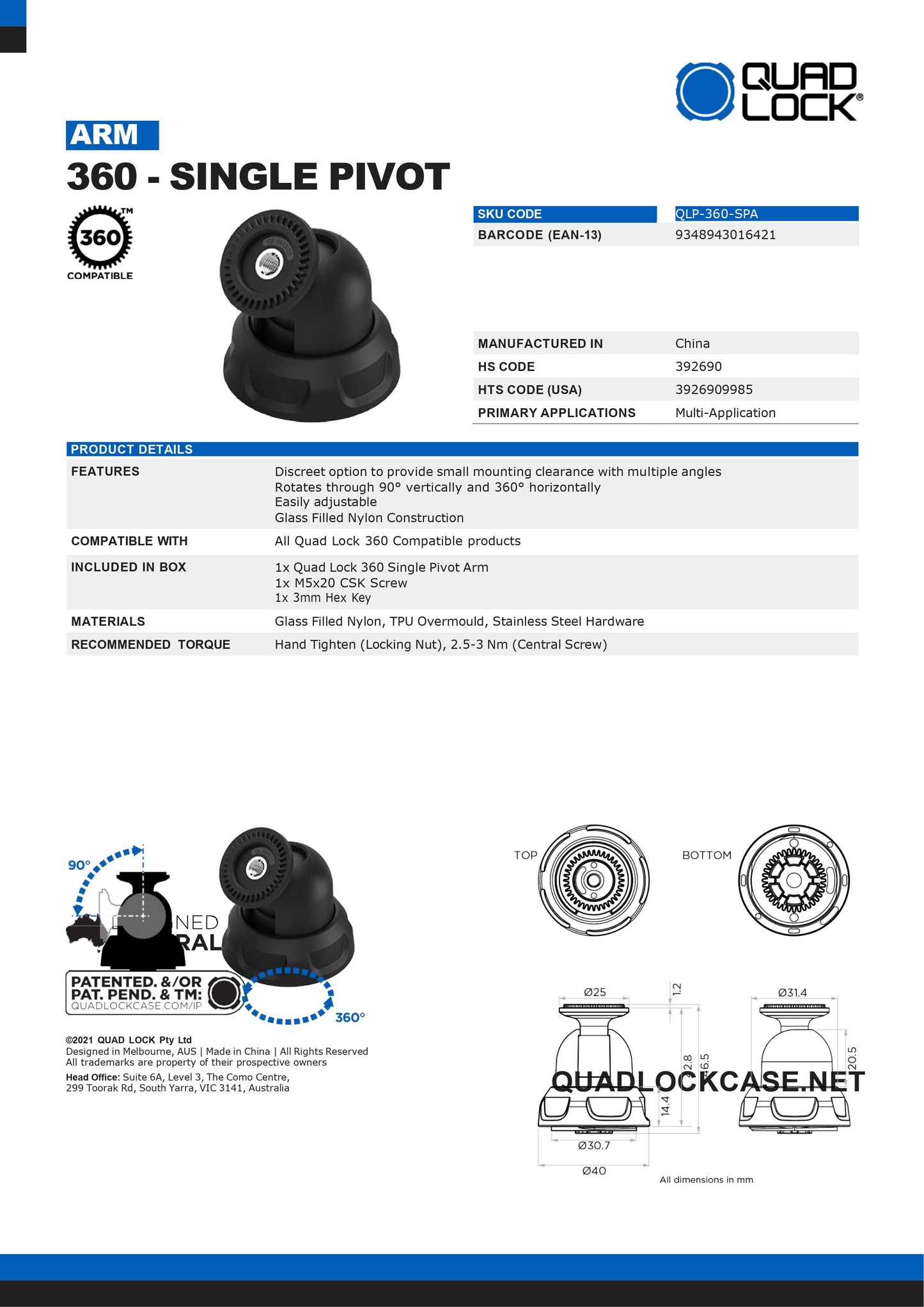 Quad Lock® 360 Arm - Single Pivot