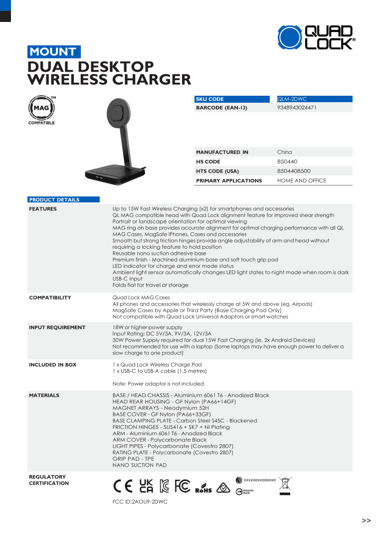 Quad Lock® Dual Desktop Wireless Charger