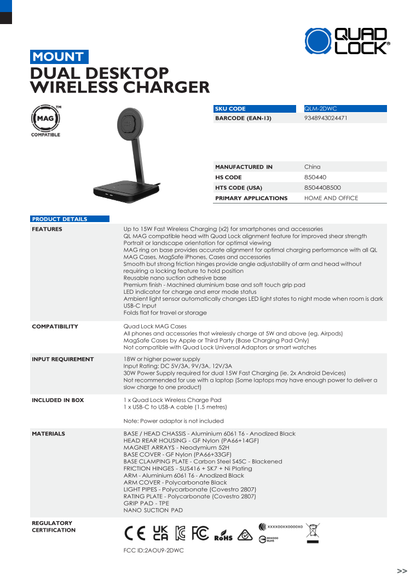 Quad Lock® Dual Desktop Wireless Charger