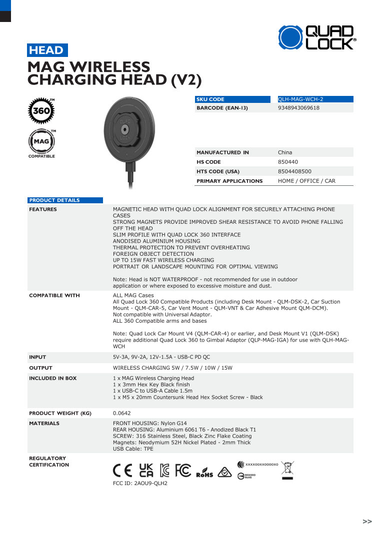 Quad Lock® MAG Wireless Charging Head - V2