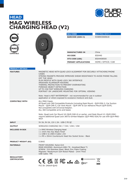 Quad Lock® MAG Wireless Charging Head - V2