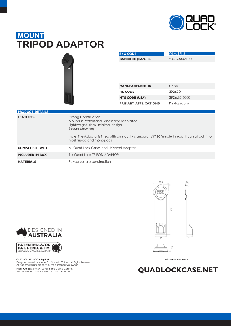 Quad Lock® Tripod Adaptor (V3)