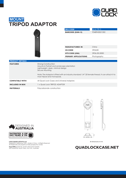 Quad Lock® Tripod Adaptor (V3)