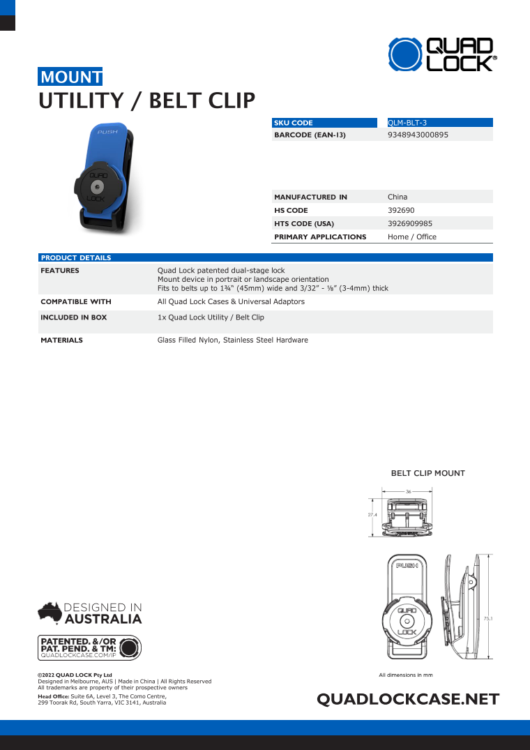 Quad Lock® Belt / Utility Clip (V3)