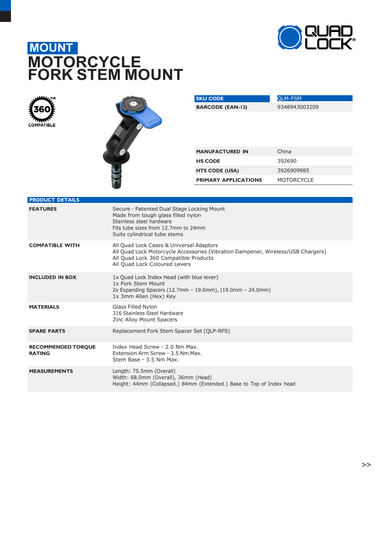 Quad Lock® Motorcycle Fork Stem Mount