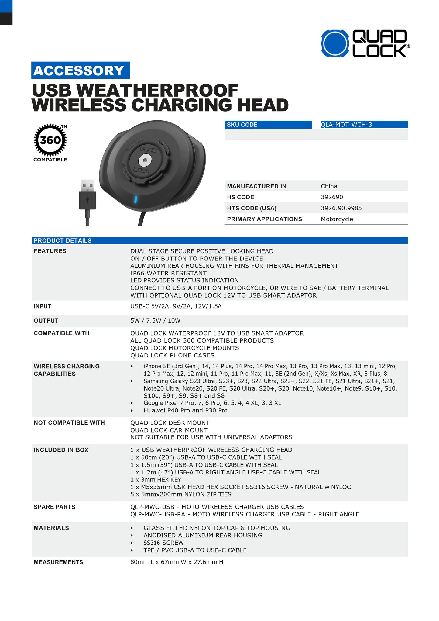 Quad Lock® USB Weatherproof Wireless Charging Head