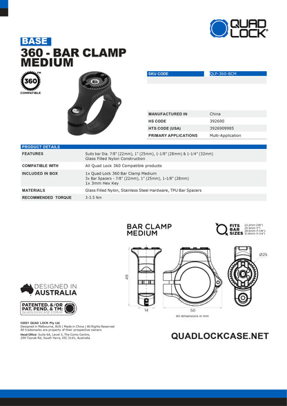 Quad Lock® 360 Base - Bar Clamp