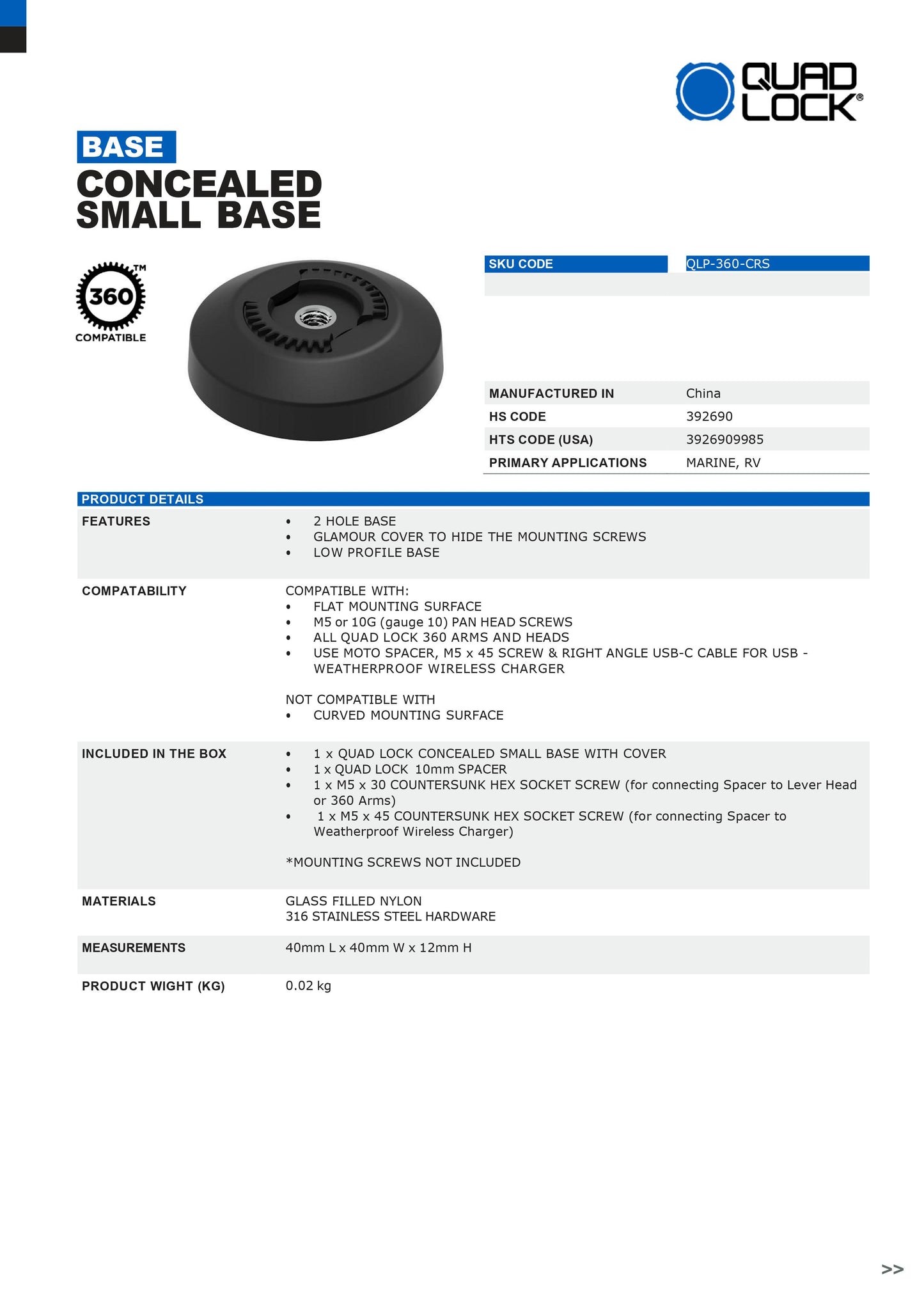 Quad Lock® 360 Base - Concealed