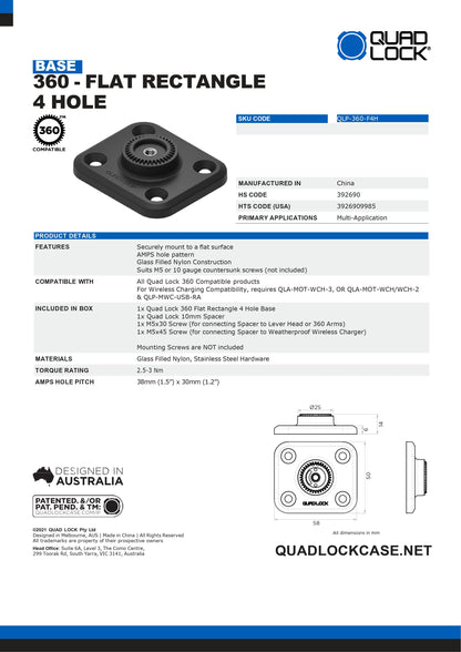 Quad Lock® 360 Base - Flat Rectangle