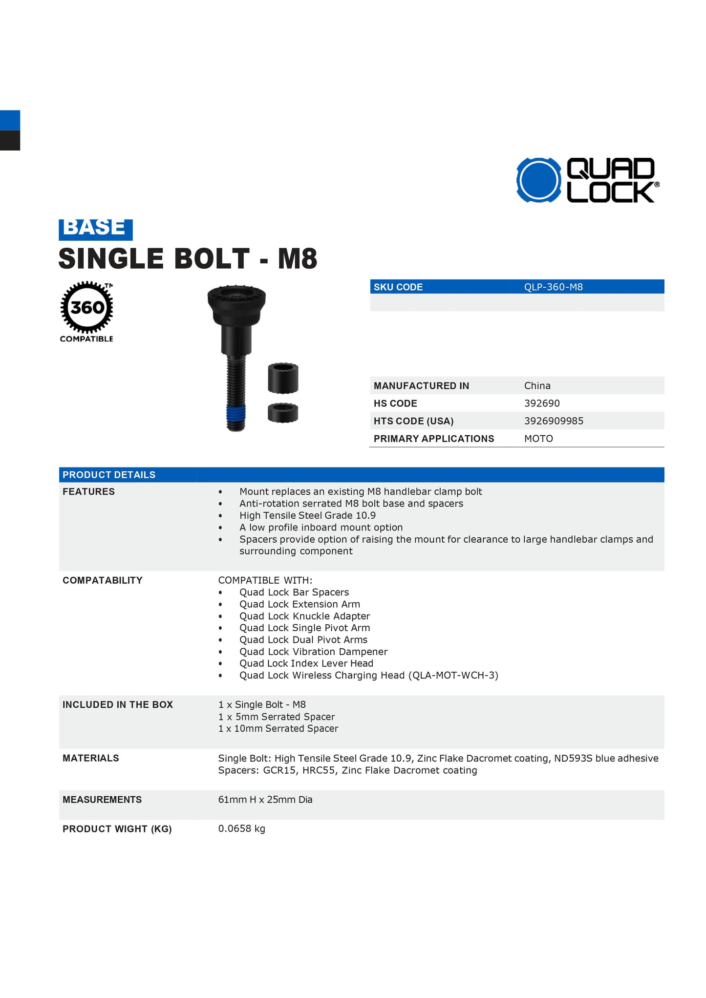 Quad Lock® 360 Base - M8 Single Bolt