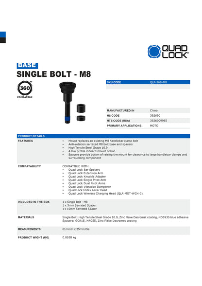 Quad Lock® 360 Base - M8 Single Bolt